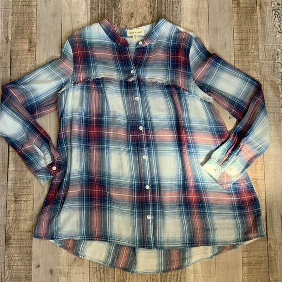 Anthropologie Cloth & Stone Red Blue Cotton Plaid Collarless Button Front Top S - Picture 8 of 13